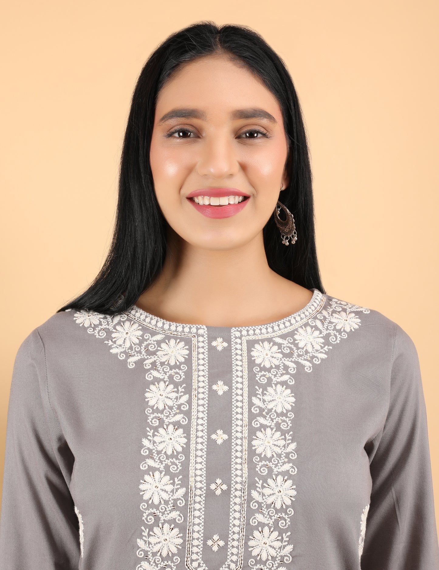 GREY REYON COTTON EMBROIDERED KURTI
