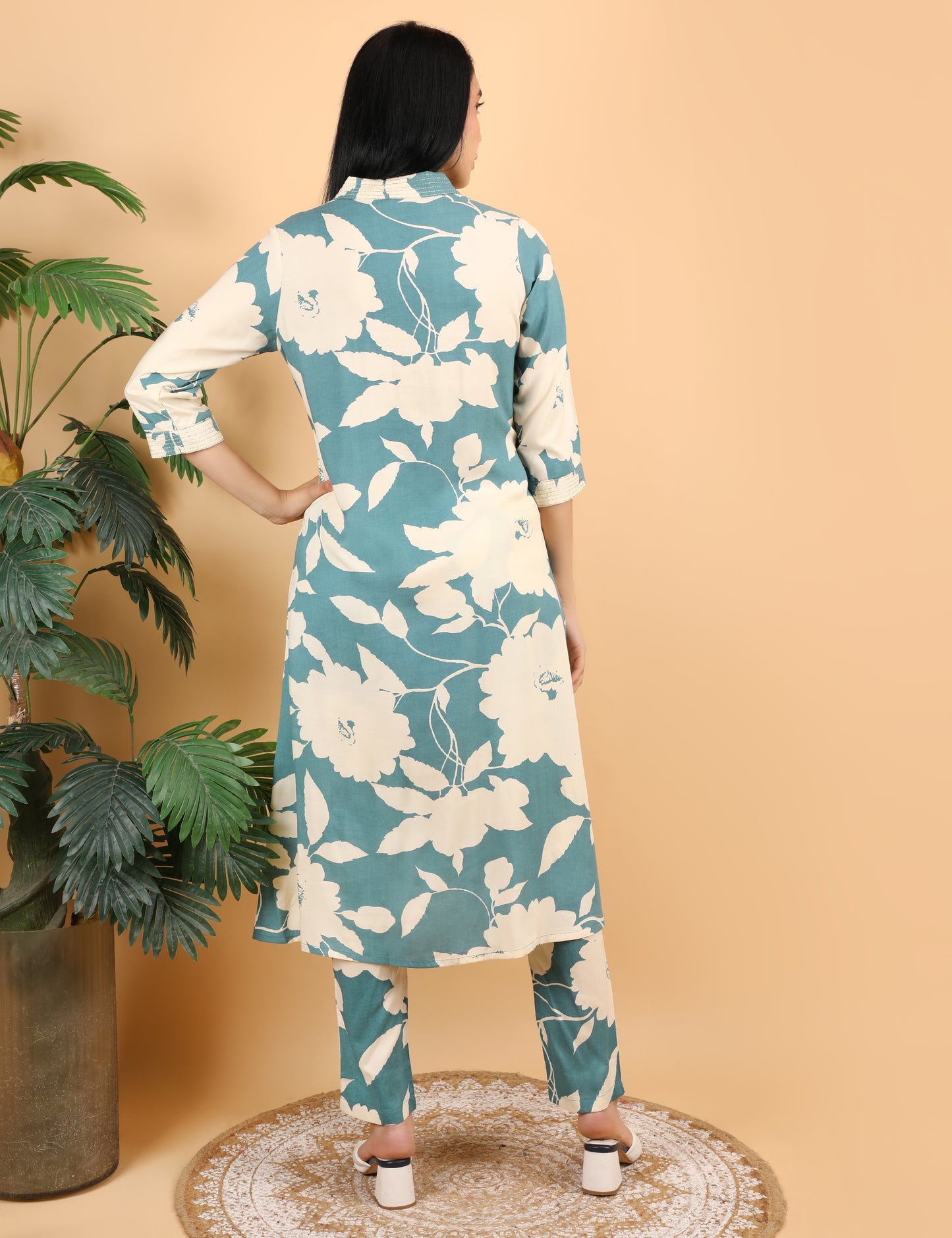 TEAL GREEN REYON PRINTED KURTA SET