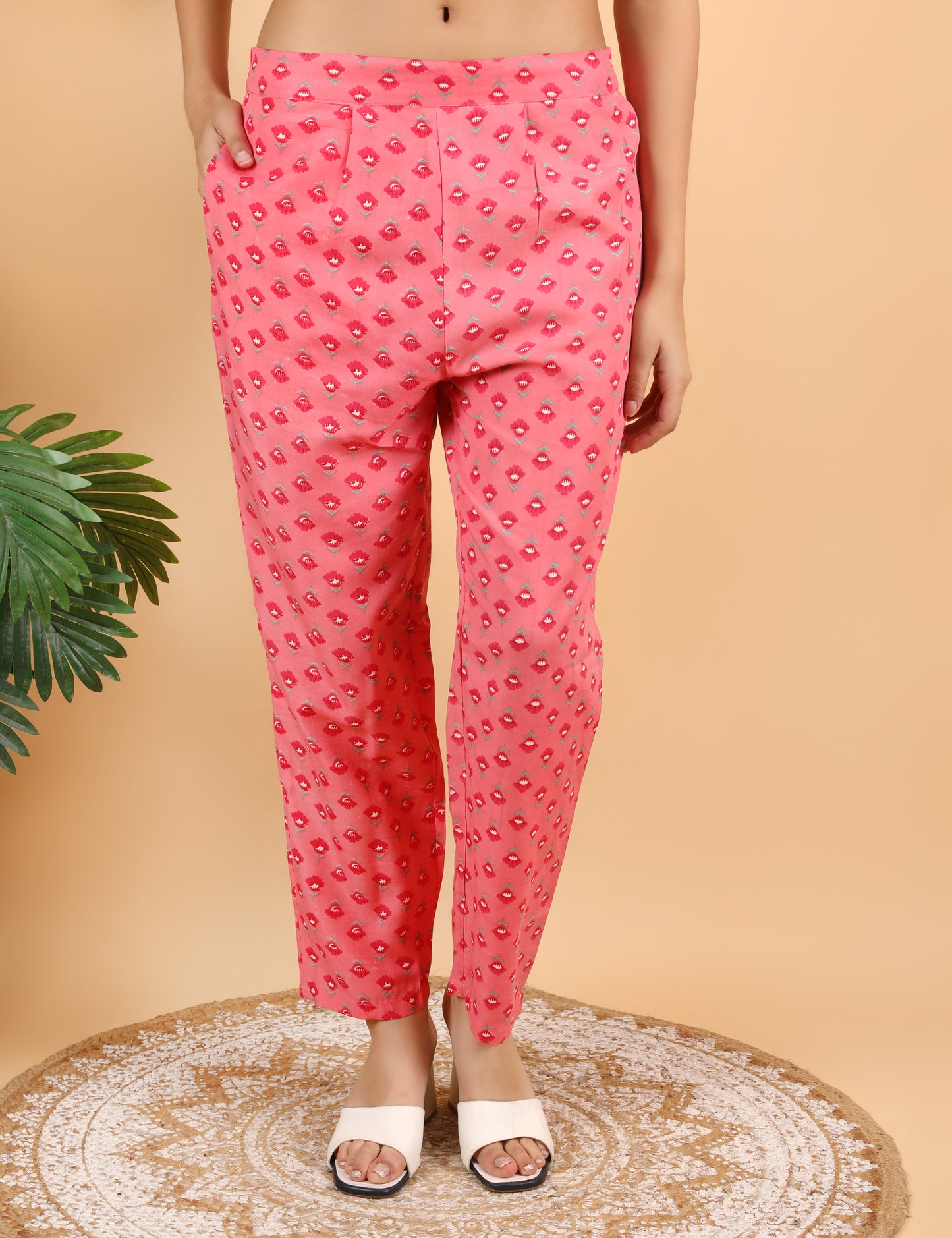 CORAL PINK COTTON PRINT STRAIGHT SUIT