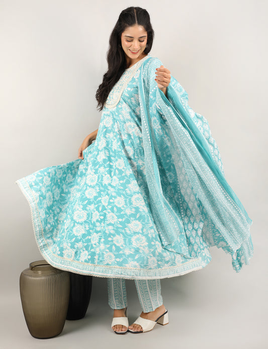 AQUA BLUE COTTON ANARKALI SUIT
