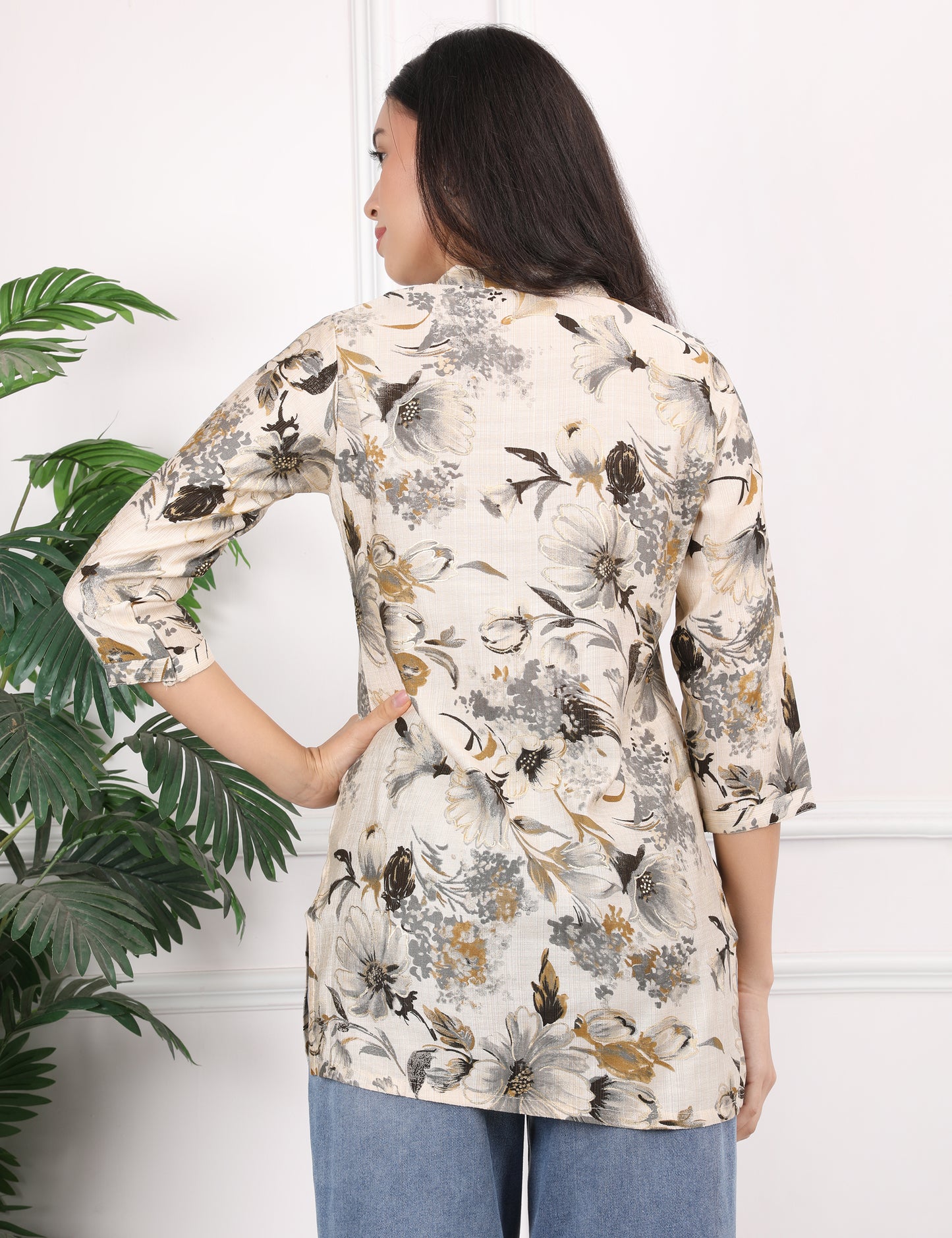 CREAM COTTON PRINT SHORT KURTI