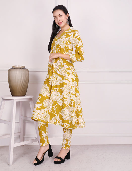 MUSTARD YELLOW COTTON PRINT KURTA SET