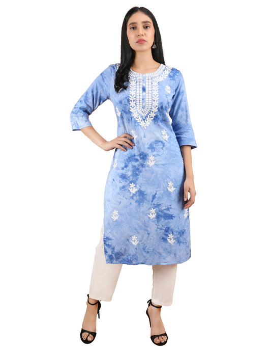 SKY BLUE REYON COTTON TIE N DYE PRINT KURTA SET