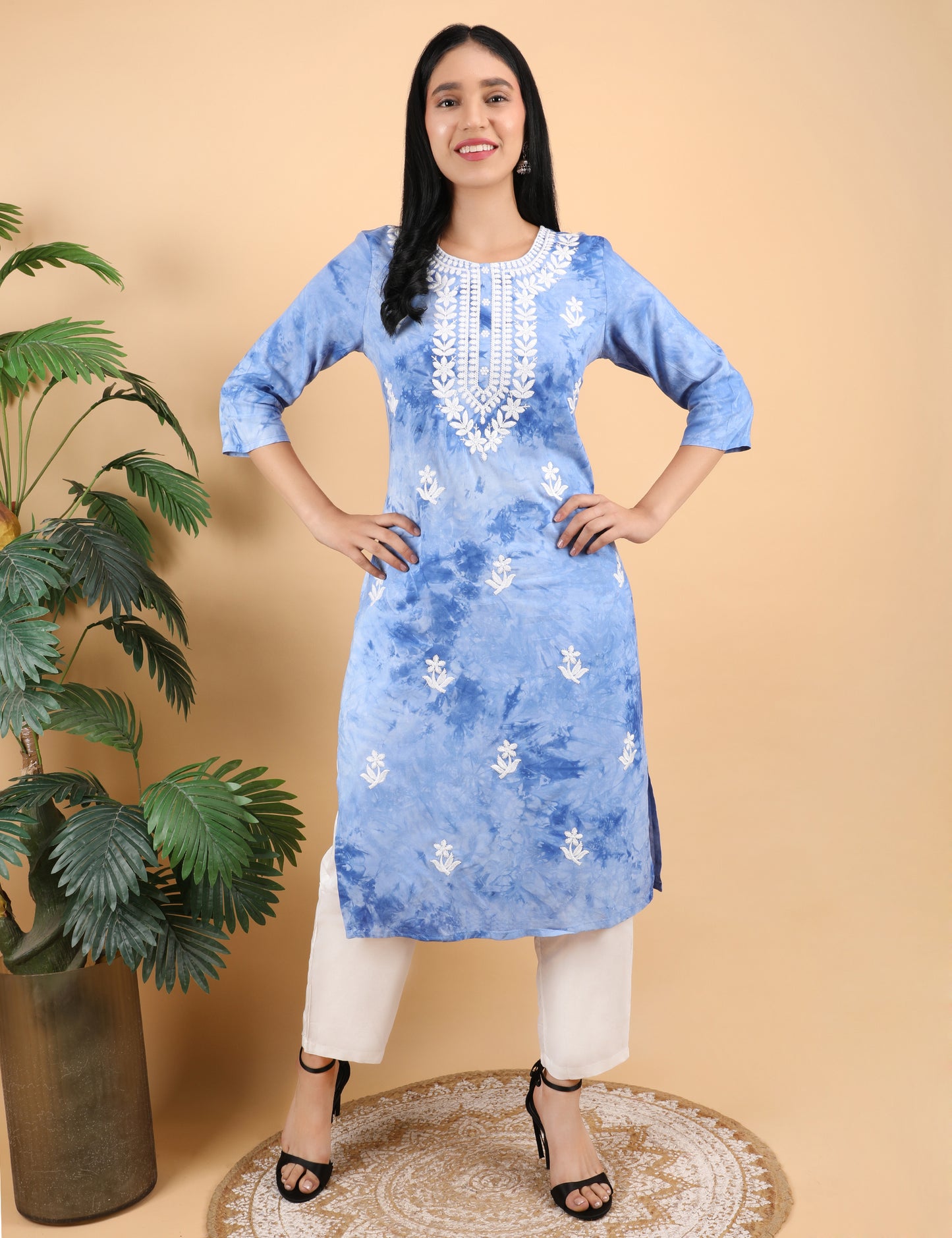 SKY BLUE REYON COTTON TIE N DYE PRINT KURTA SET