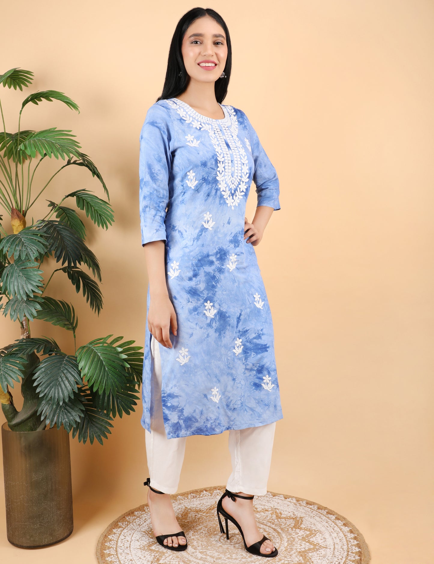 SKY BLUE REYON COTTON TIE N DYE PRINT KURTA SET