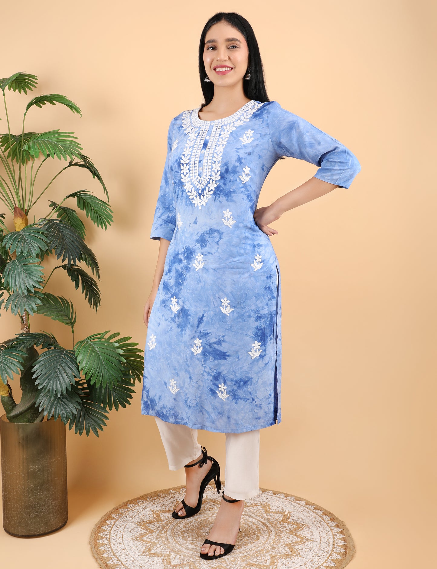 SKY BLUE REYON COTTON TIE N DYE PRINT KURTA SET