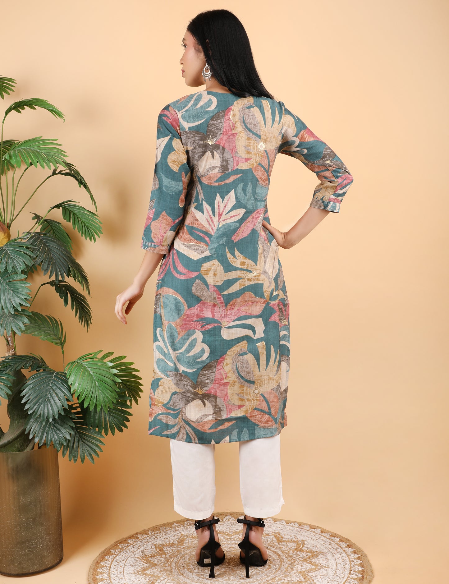 teal colour floral cotton kurti