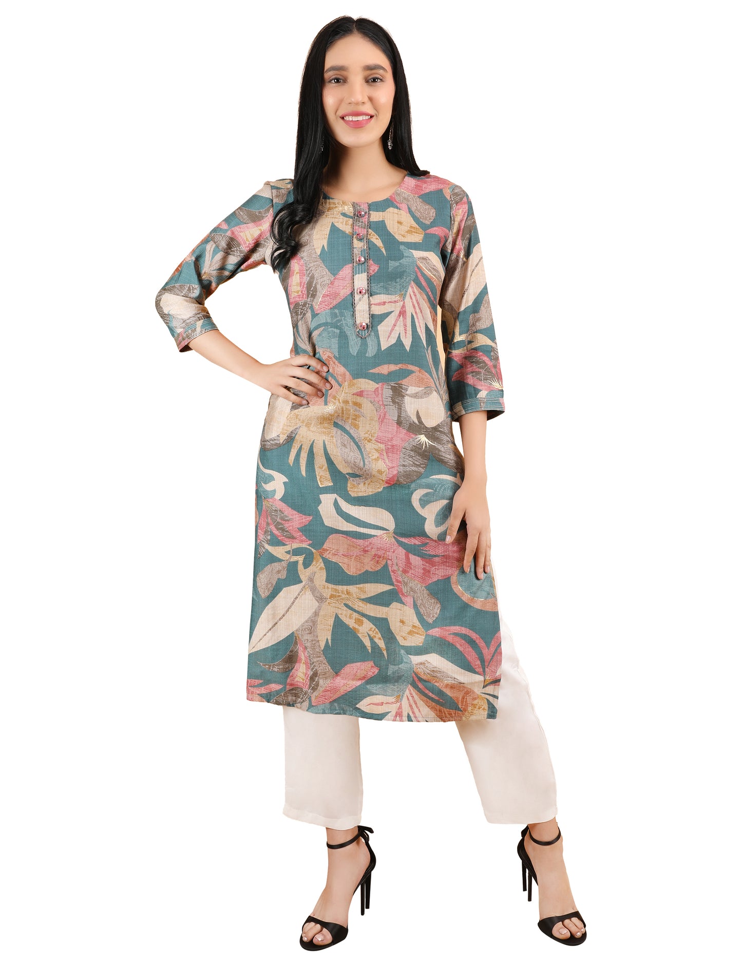 teal colour floral cotton kurti