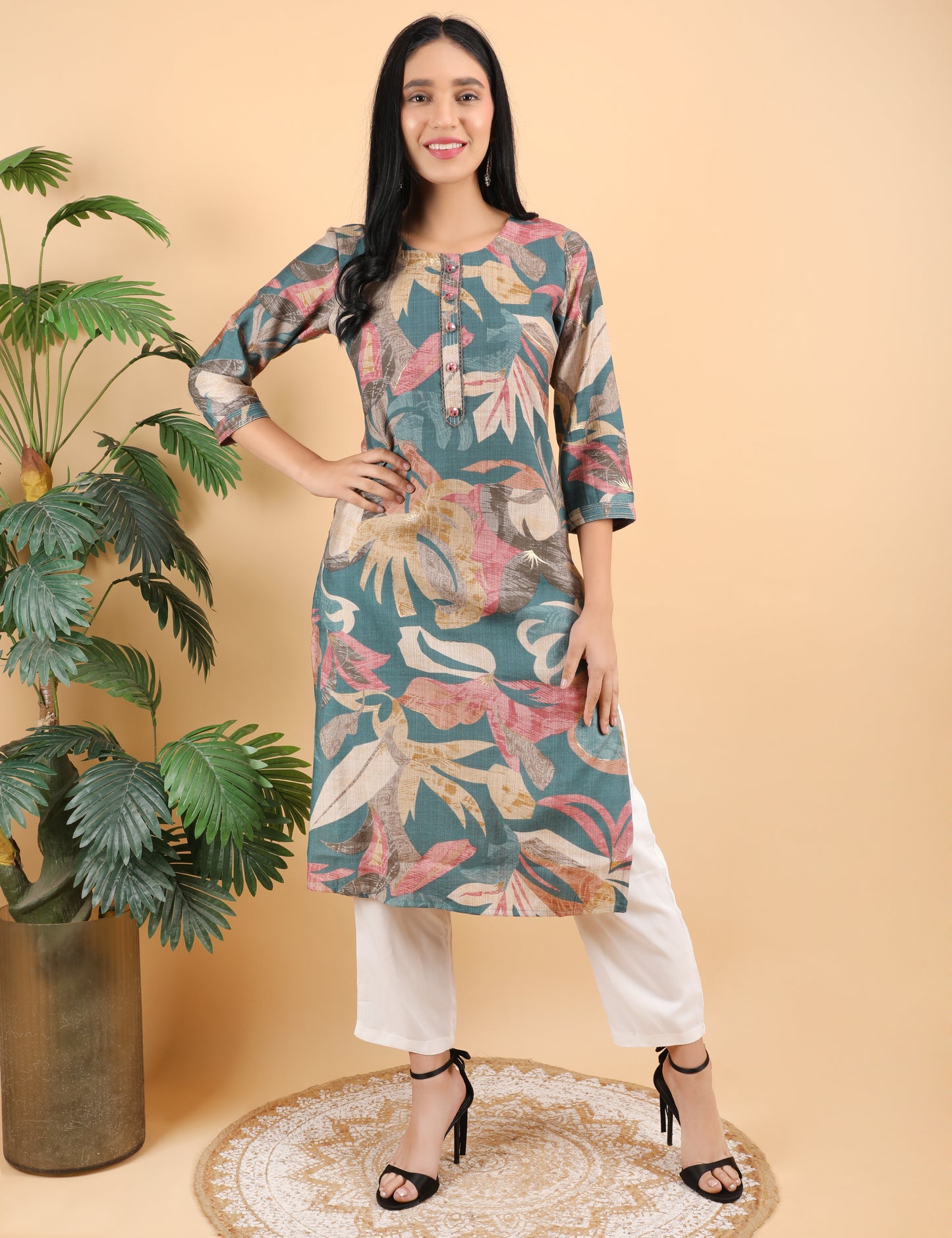 teal colour floral cotton kurti