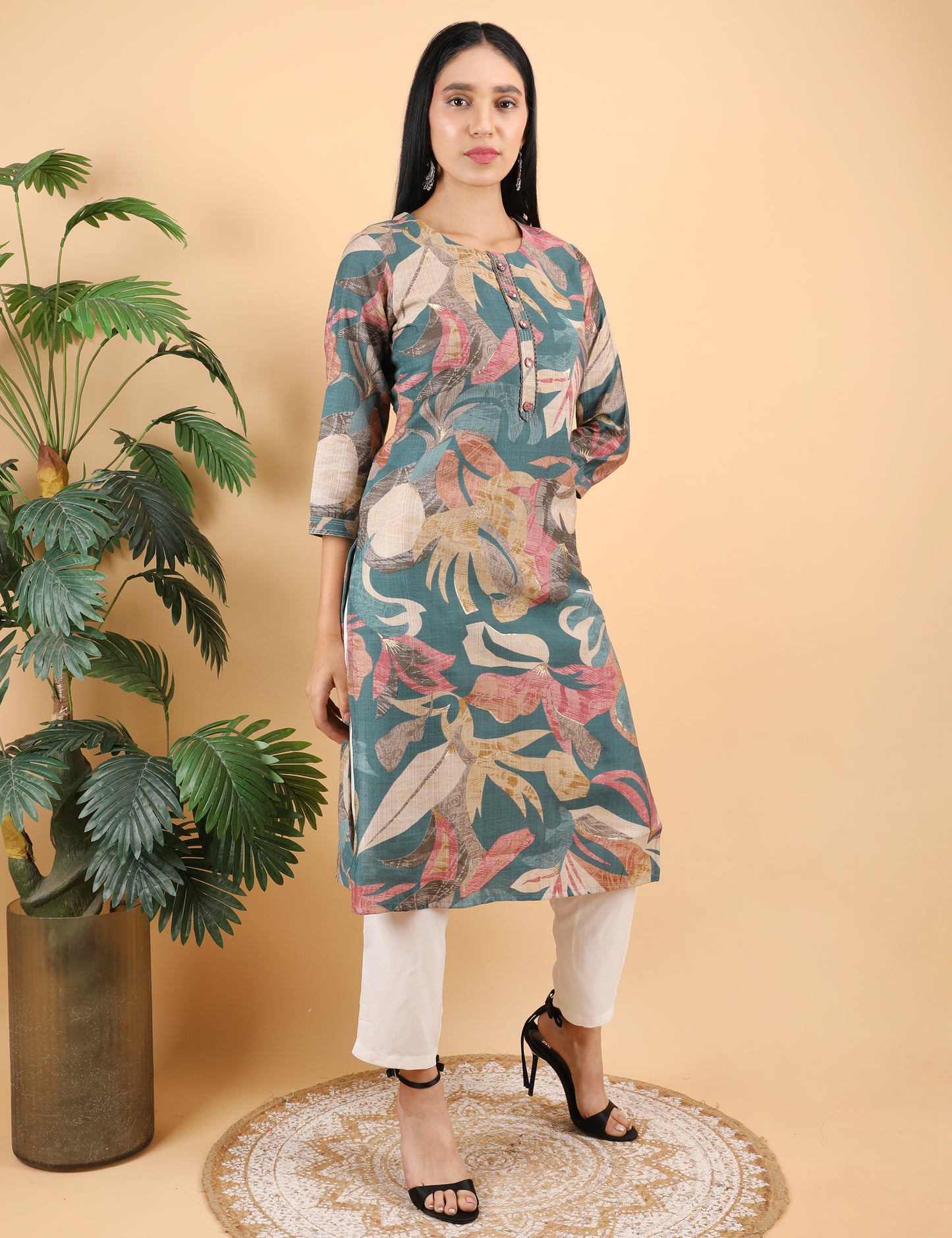 teal colour floral cotton kurti