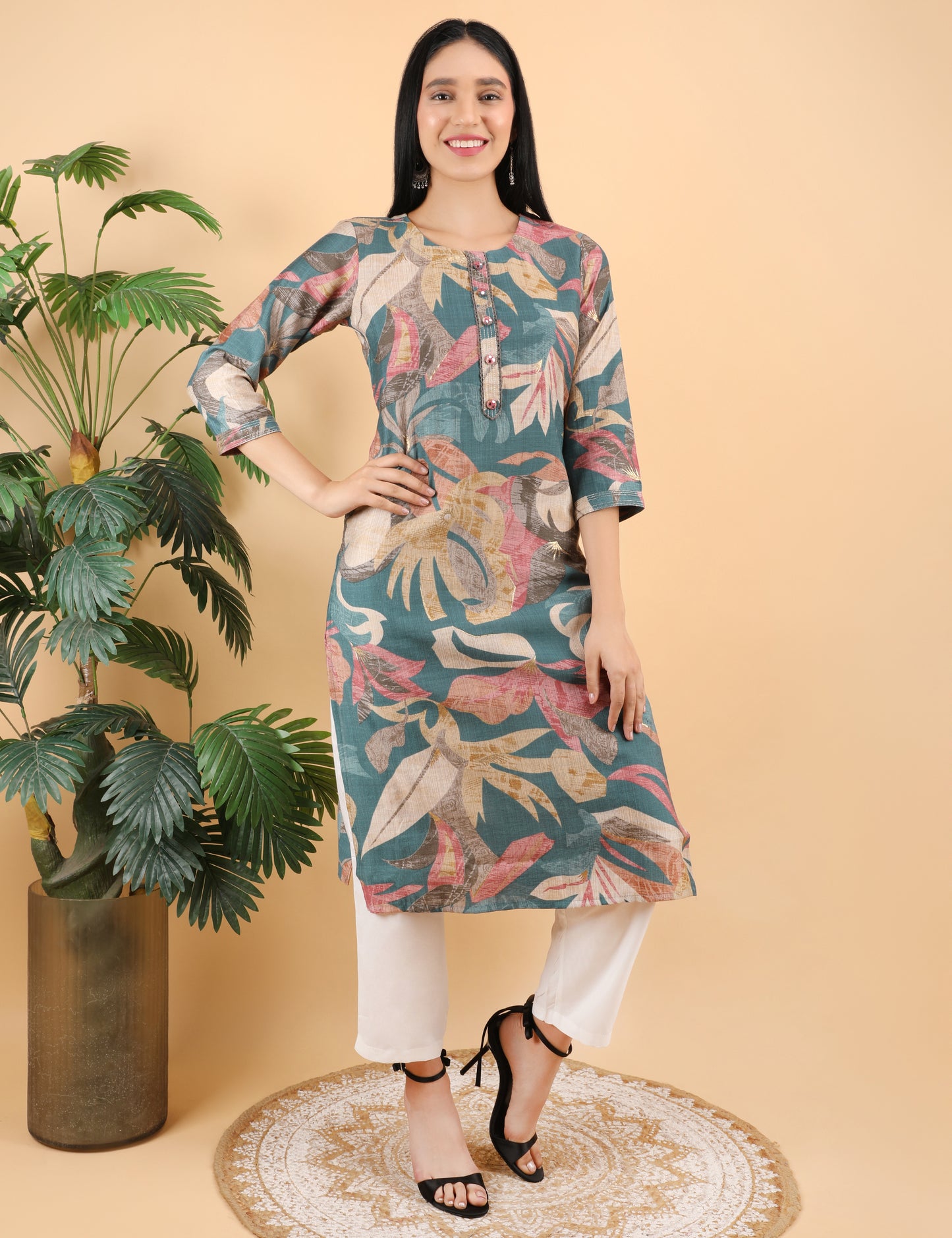 teal colour floral cotton kurti