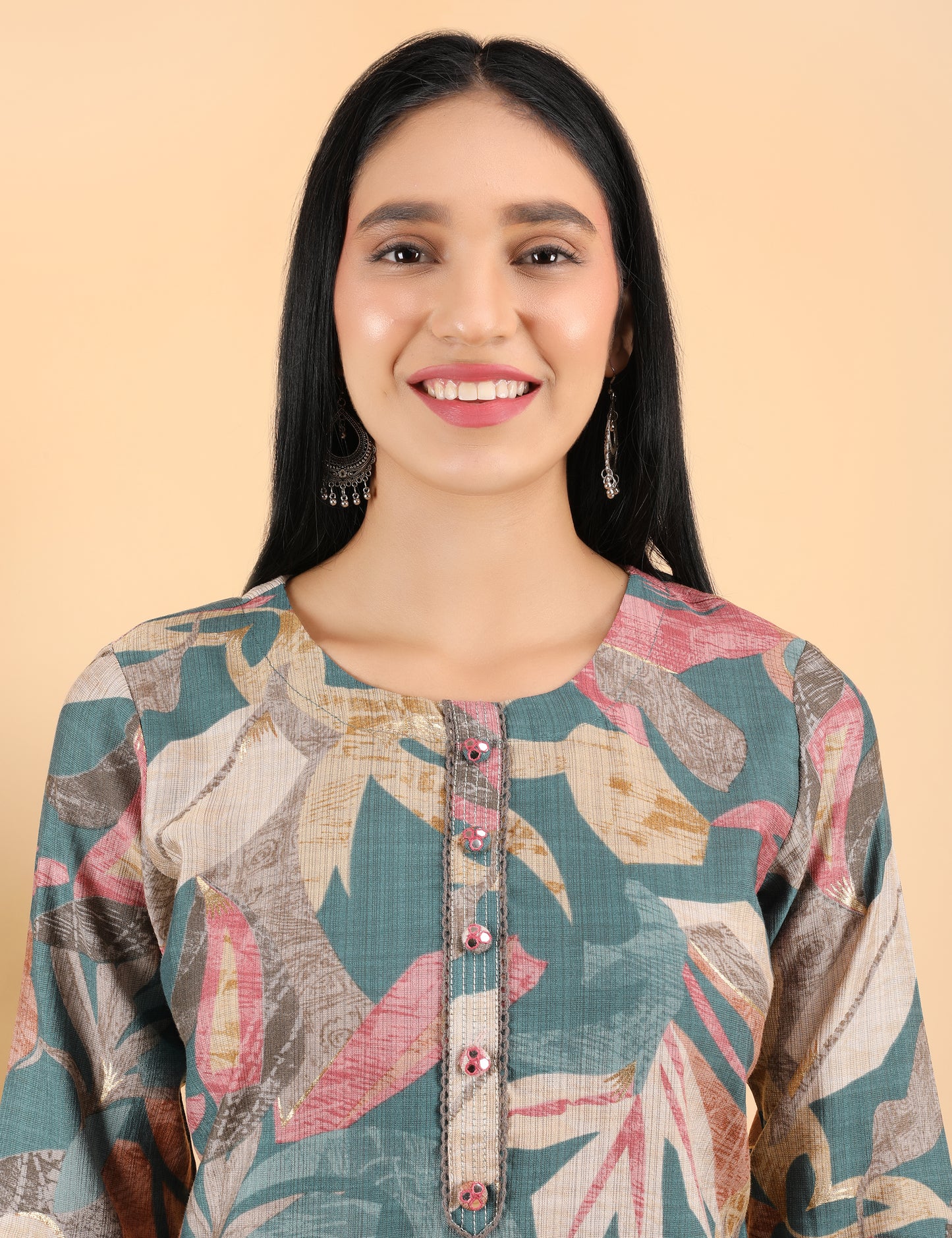 teal colour floral cotton kurti