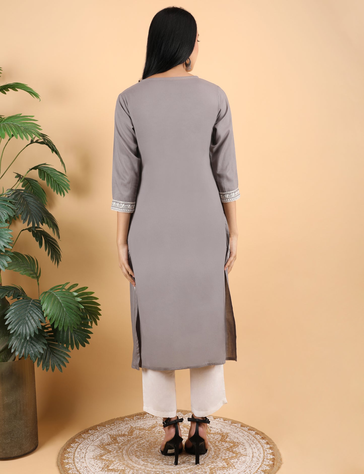 GREY REYON COTTON EMBROIDERED KURTI