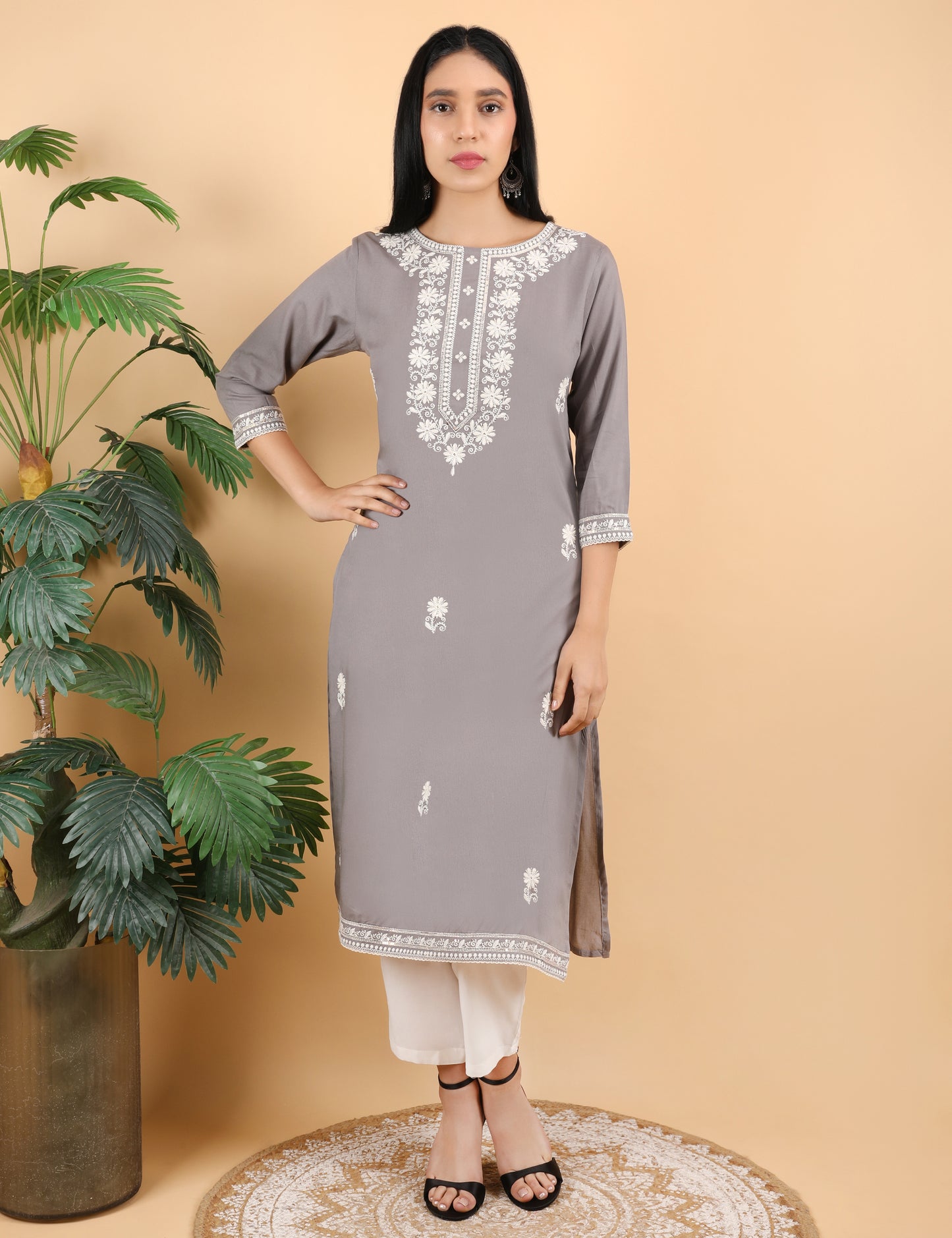 GREY REYON COTTON EMBROIDERED KURTI