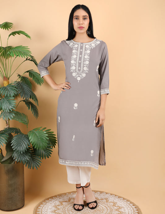 GREY REYON CHIKIN WORK KURTA