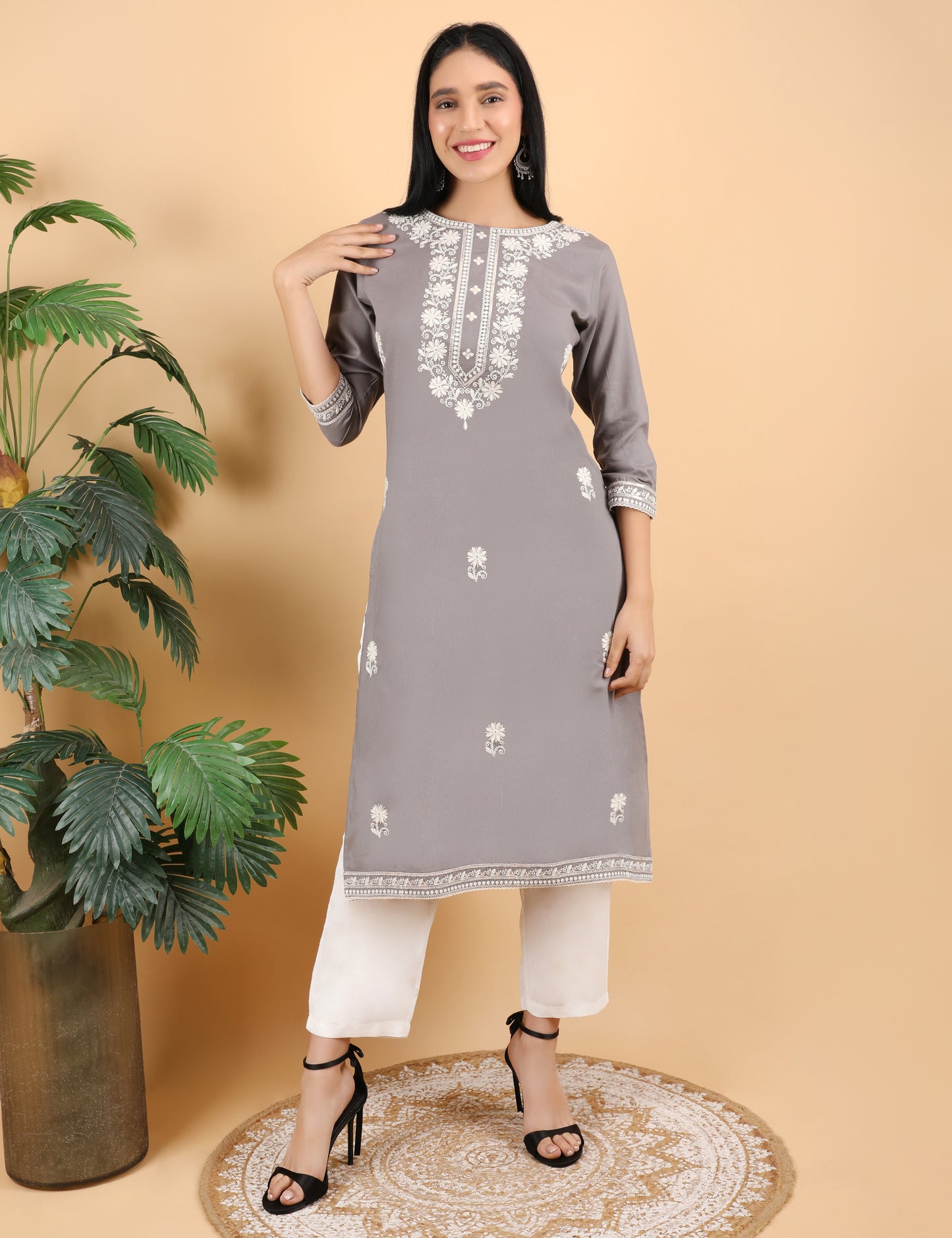 GREY REYON CHIKIN WORK KURTA