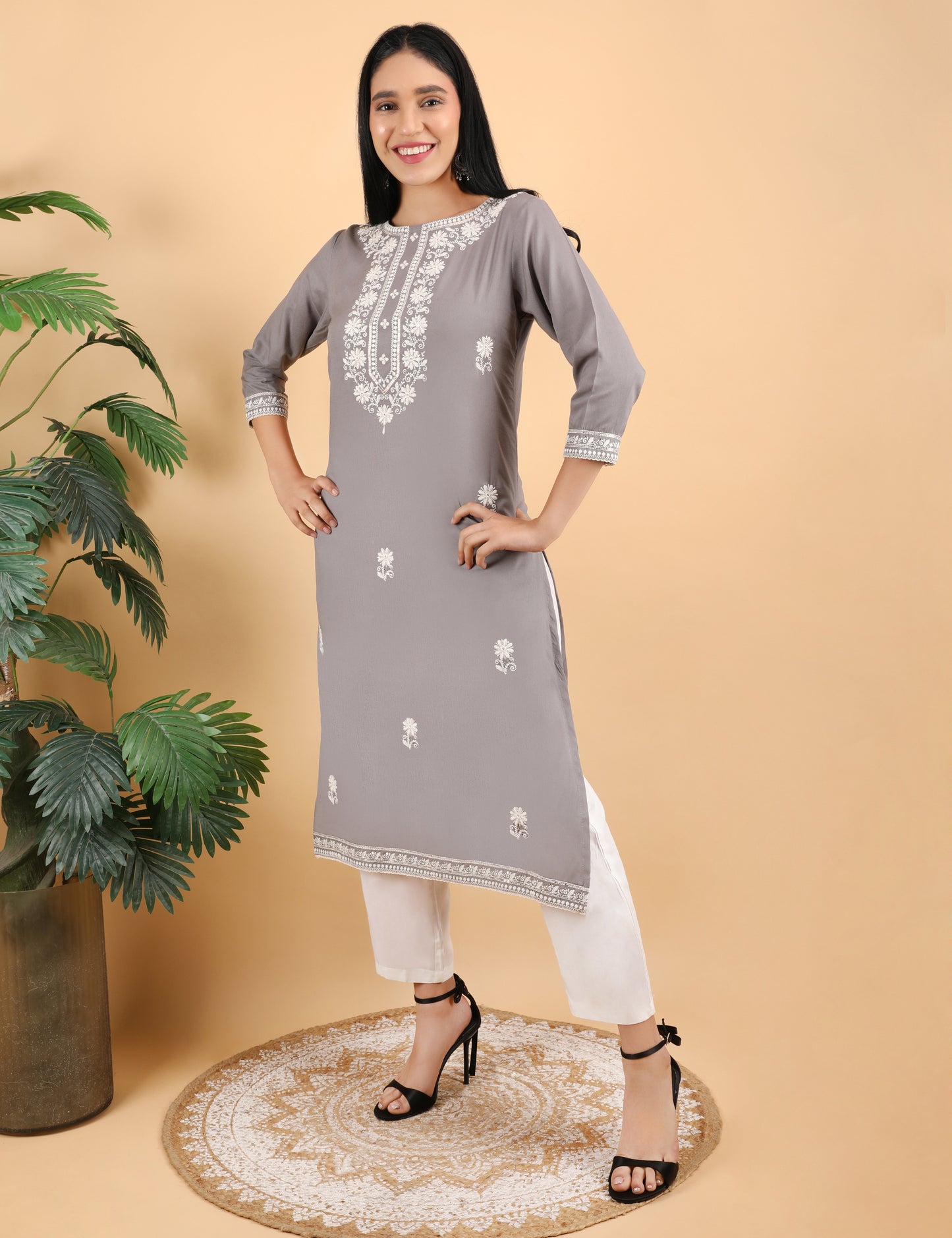 GREY REYON COTTON EMBROIDERED KURTI
