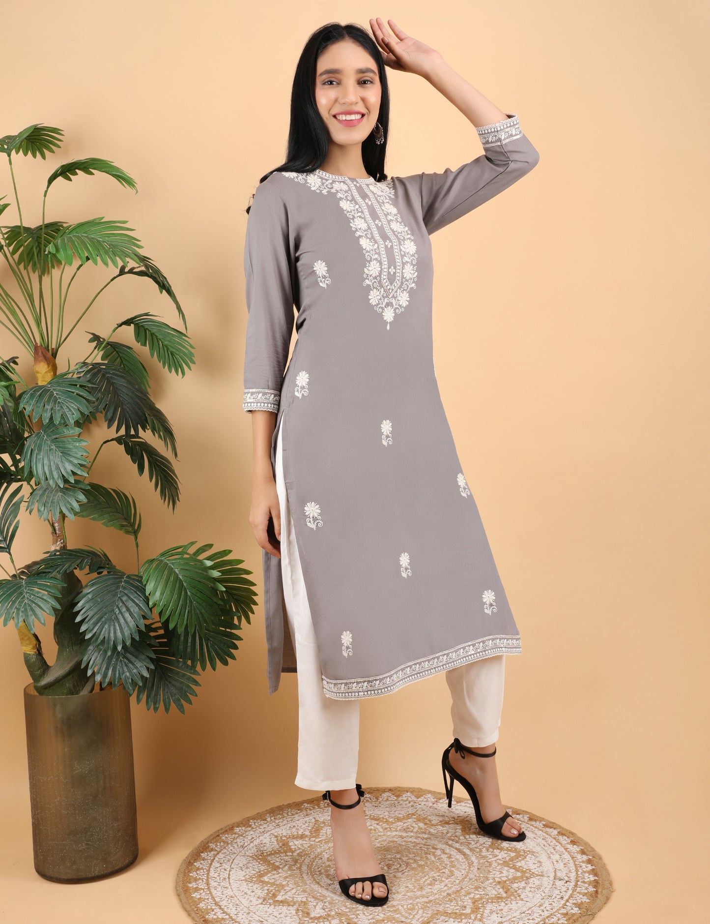GREY REYON CHIKIN WORK KURTA