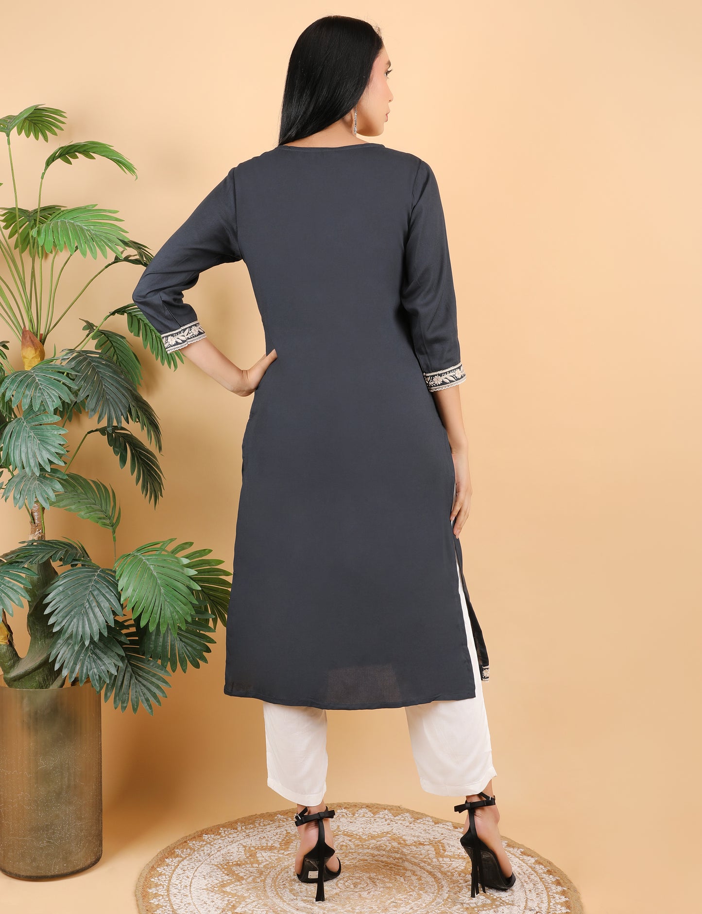 NAVY BLUE REYON CHIKIN WORK KURTA