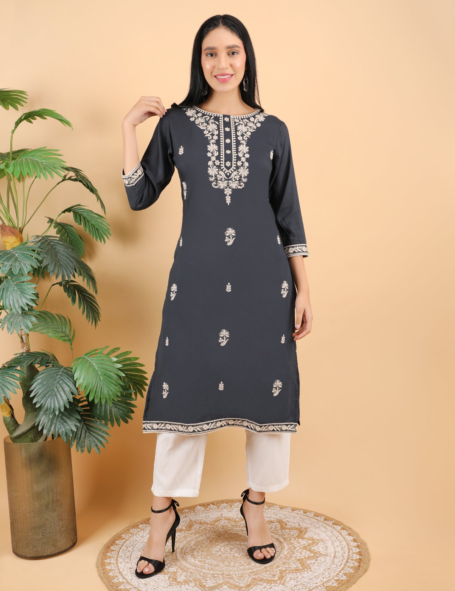 NAVY BLUE REYON CHIKIN WORK KURTA