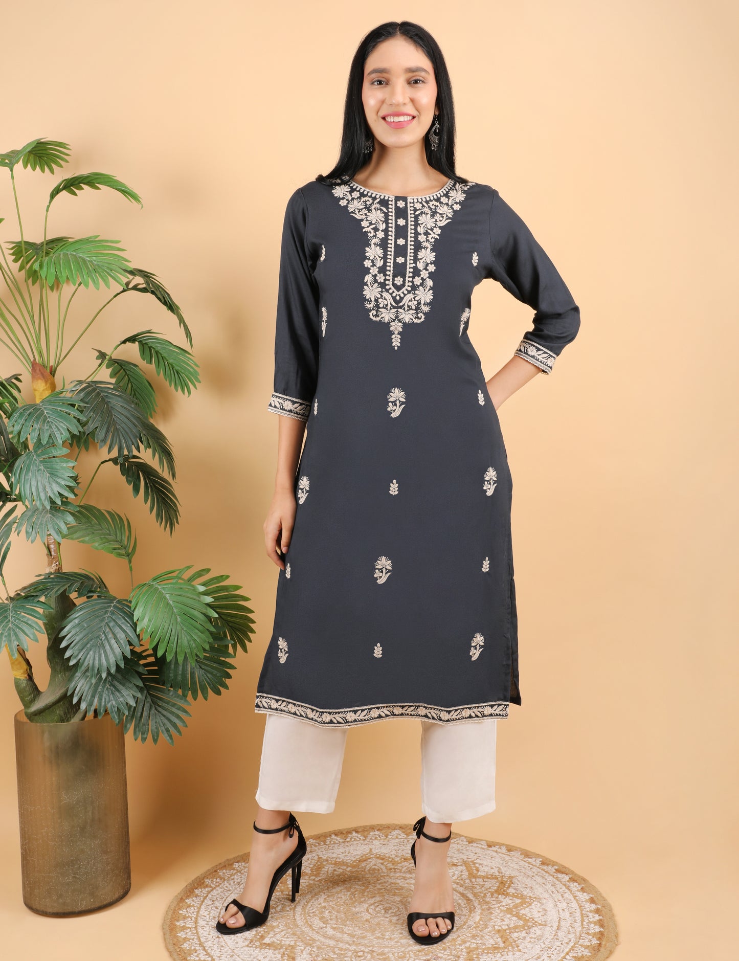 NAVY BLUE REYON CHIKIN WORK KURTA