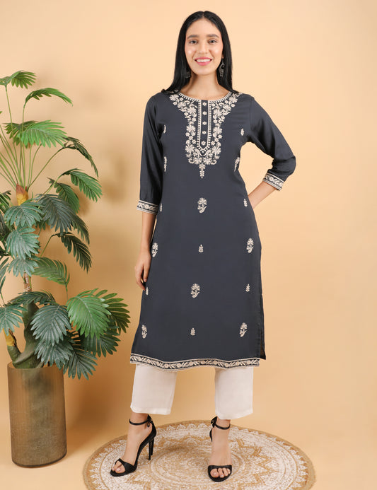 NAVY BLUE REYON CHIKIN WORK KURTA