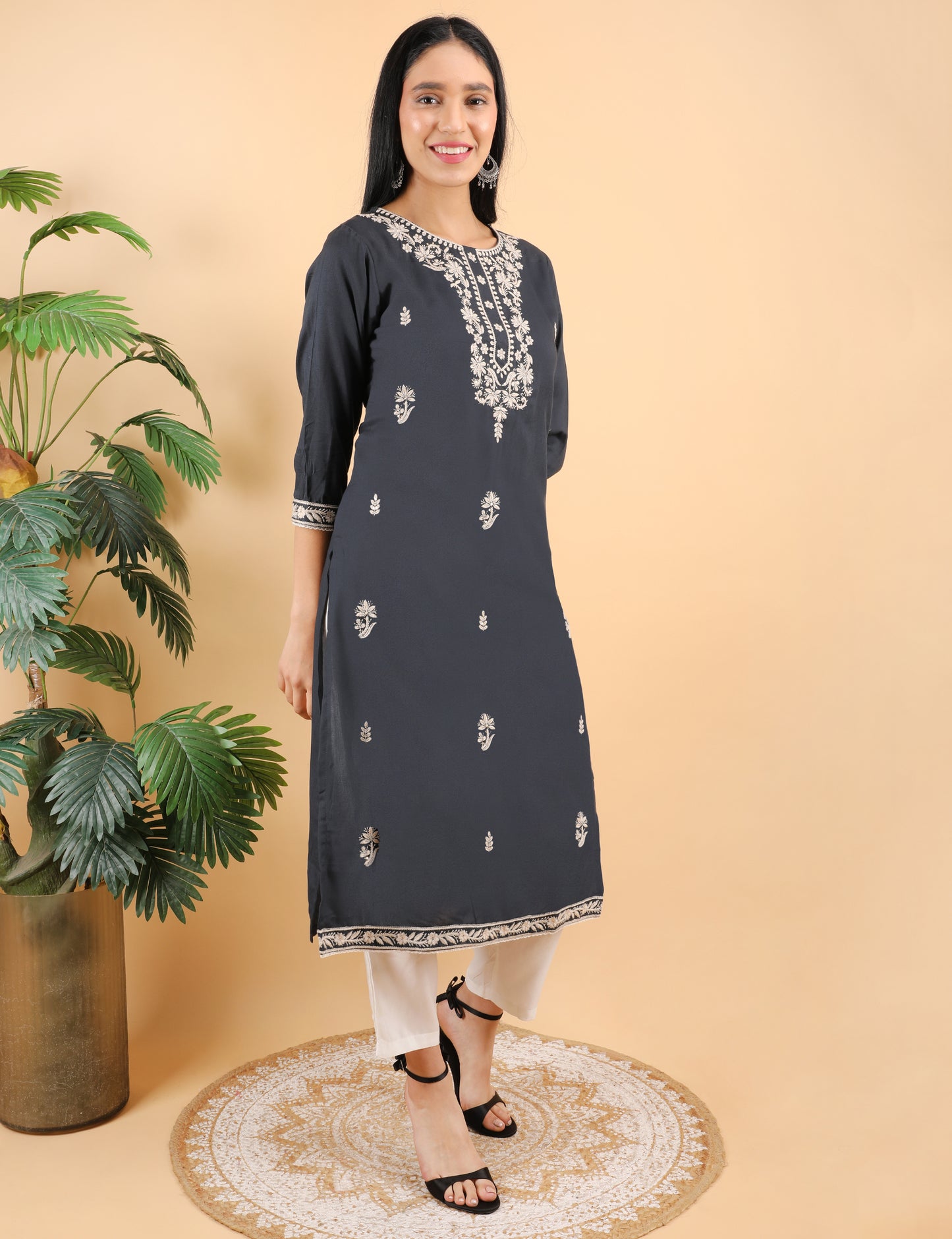 NAVY BLUE REYON CHIKIN WORK KURTA