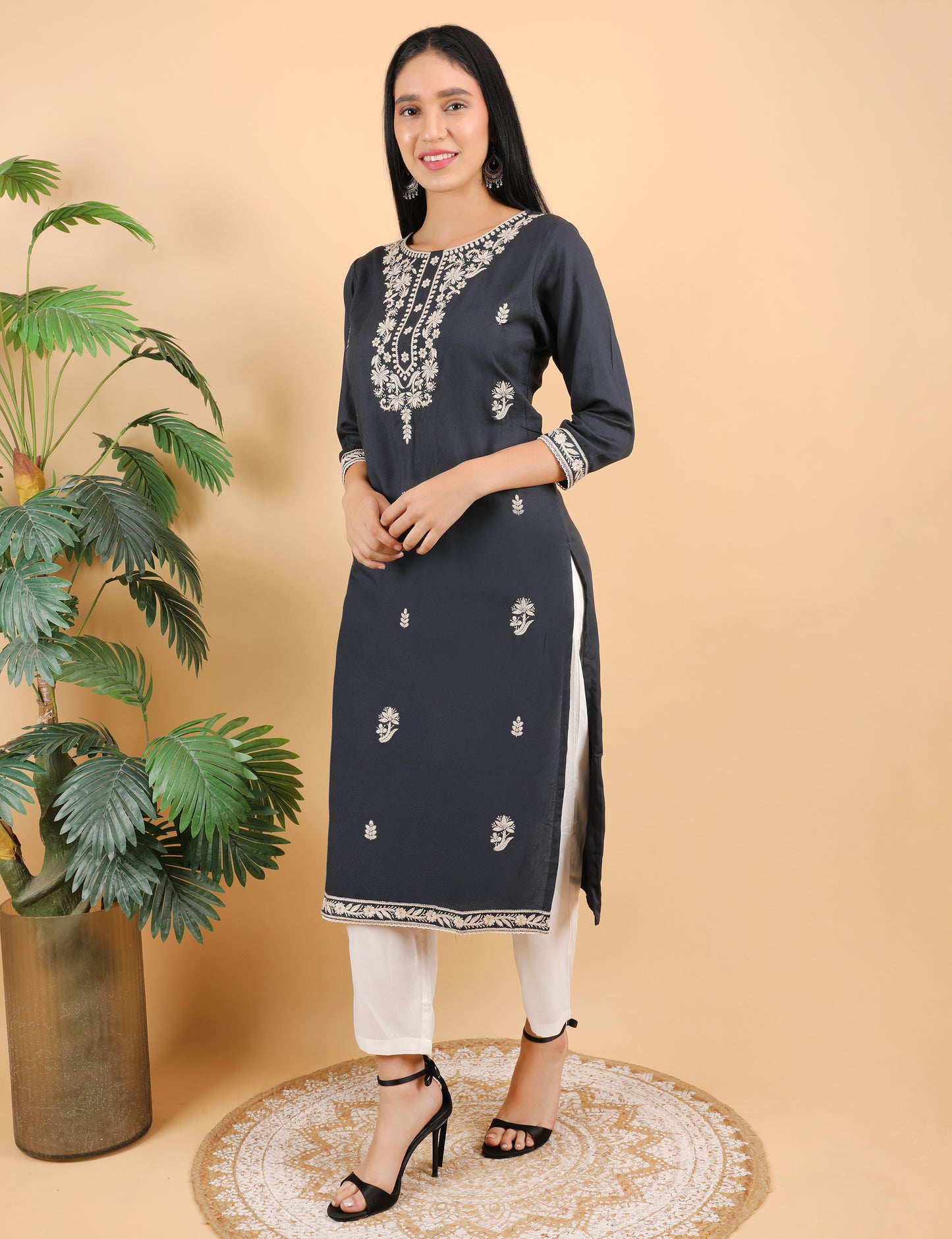 NAVY BLUE REYON CHIKIN WORK KURTA