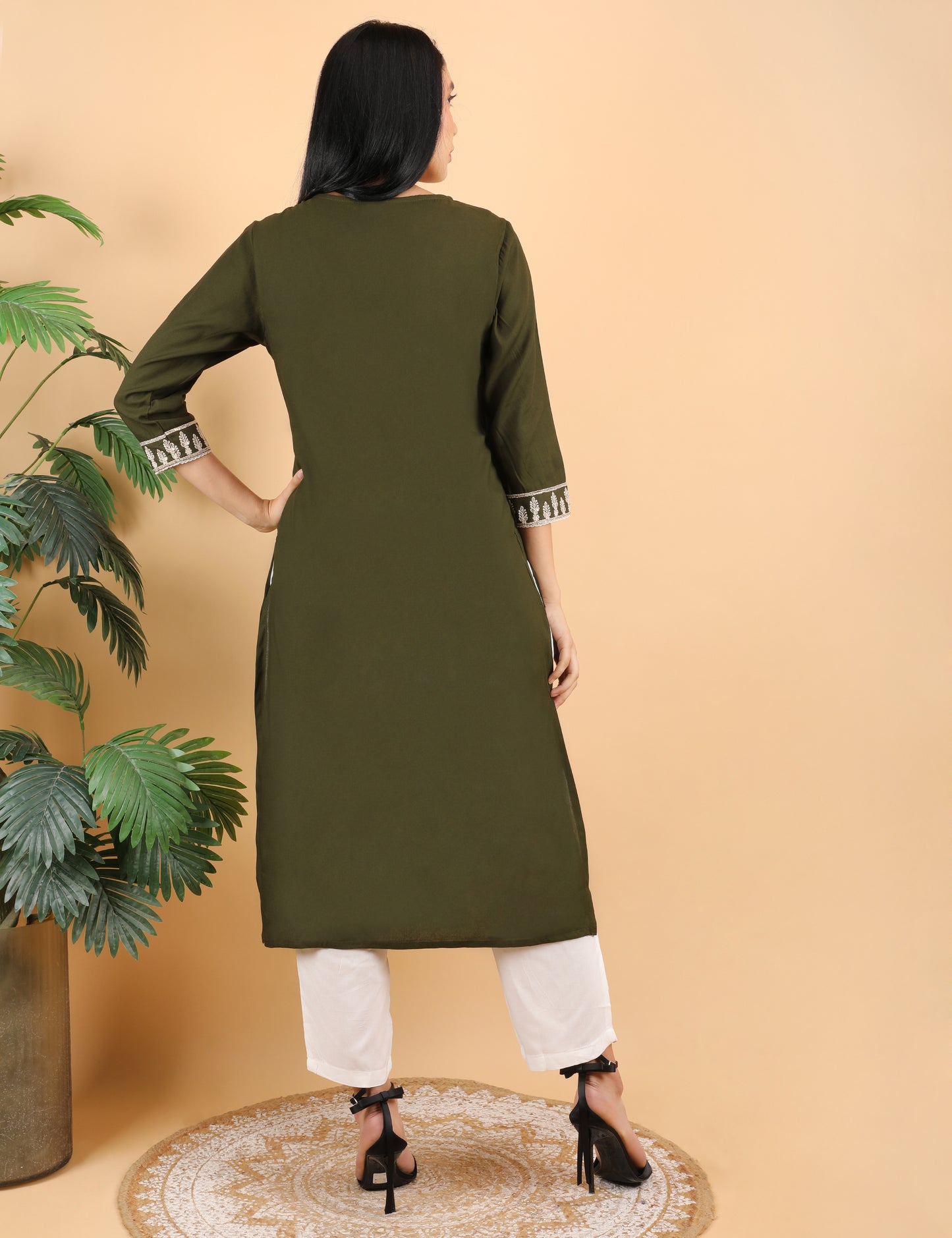 OLIVE REYON CHIKIN WORK KURTA