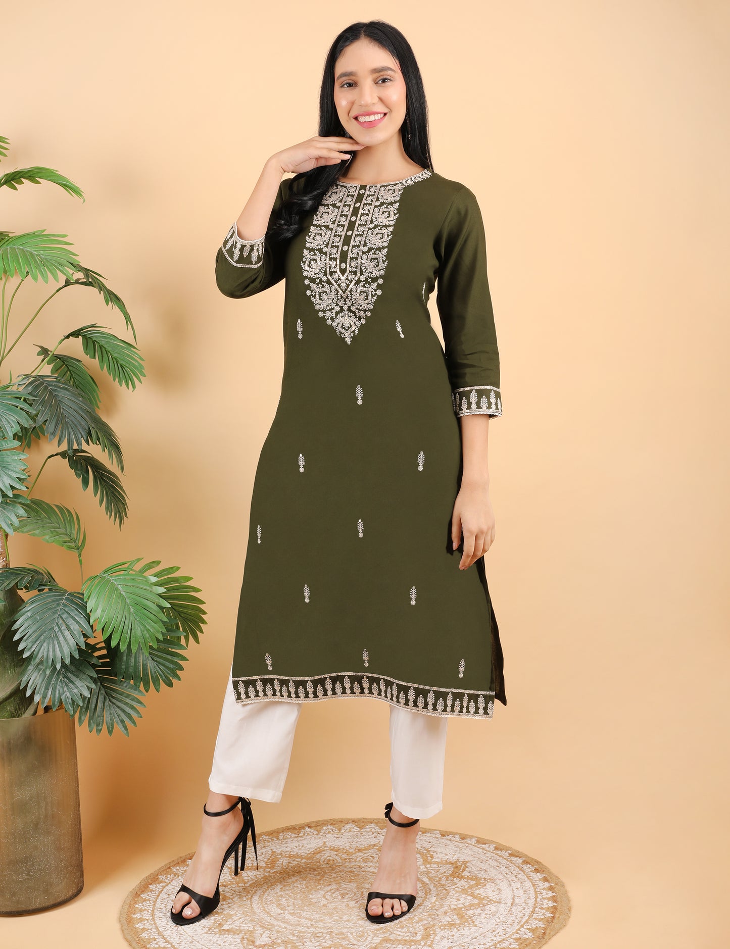 OLIVE REYON CHIKIN WORK KURTA