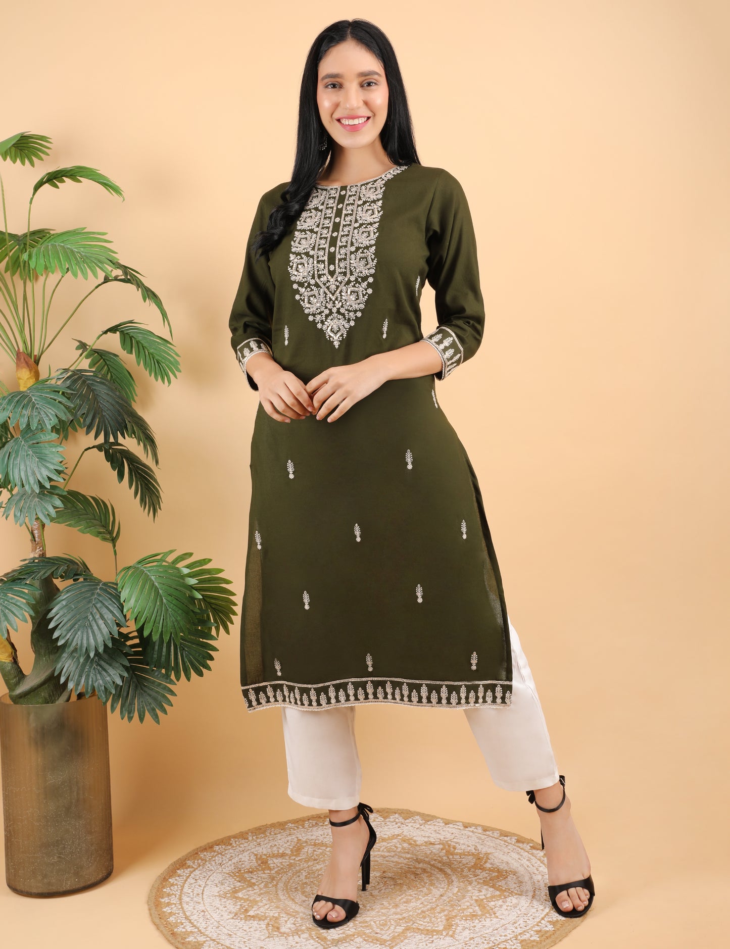 OLIVE REYON CHIKIN WORK KURTA