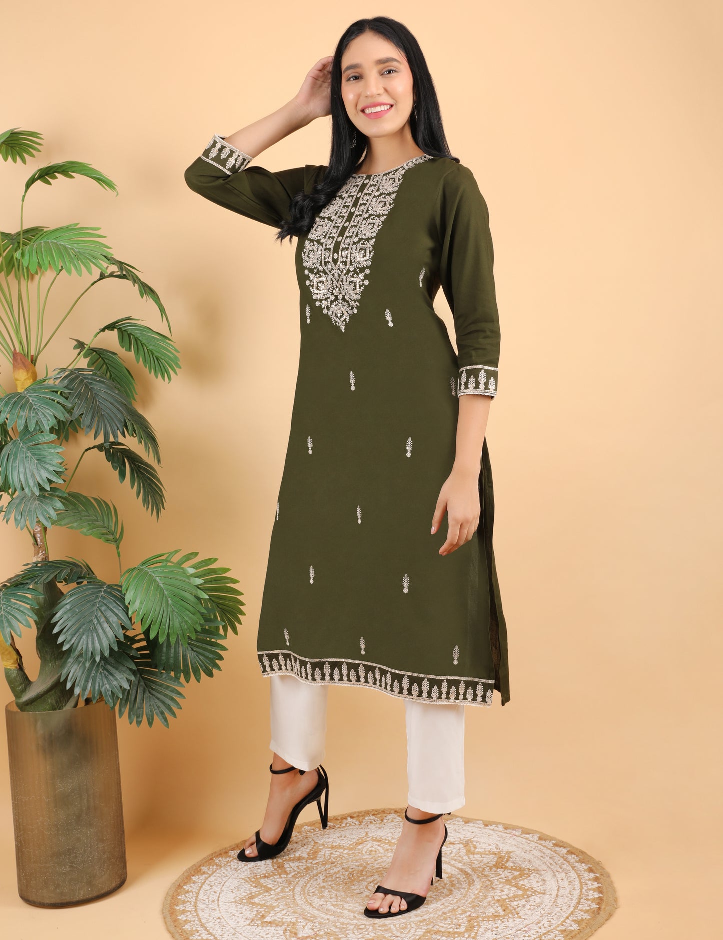 OLIVE REYON CHIKIN WORK KURTA