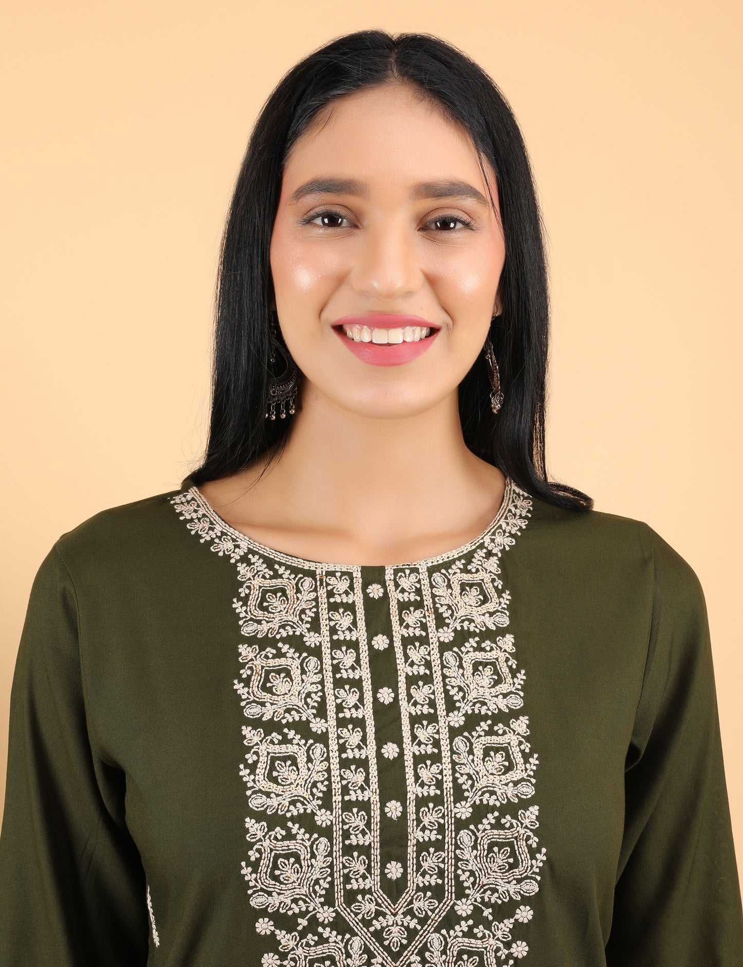 OLIVE REYON CHIKIN WORK KURTA