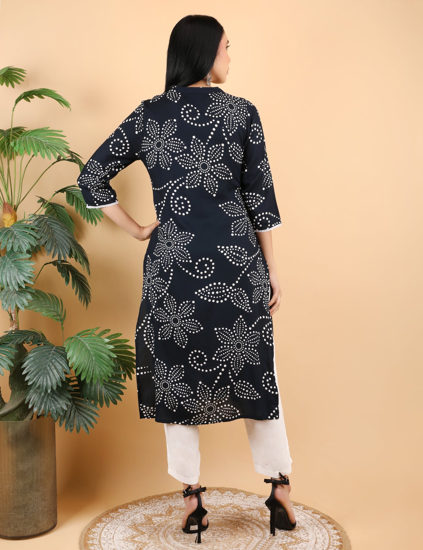 BLACK DOT PRINT REYON KURTI WITH MIRROR WORK