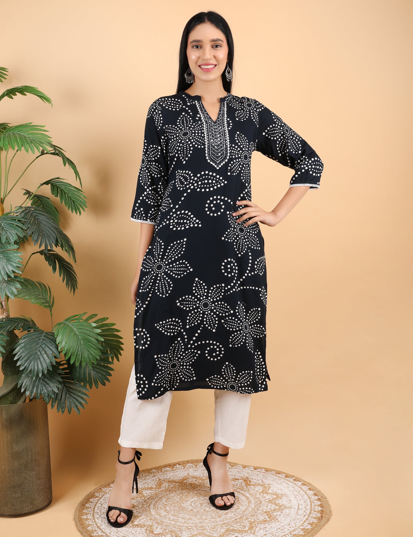 BLACK DOT PRINT REYON KURTI WITH MIRROR WORK