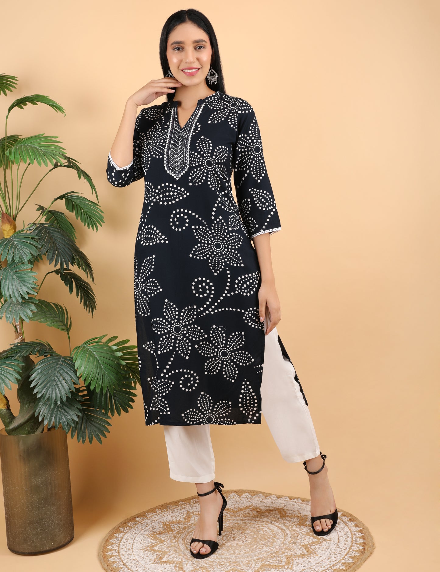 BLACK DOT PRINT REYON KURTI WITH MIRROR WORK