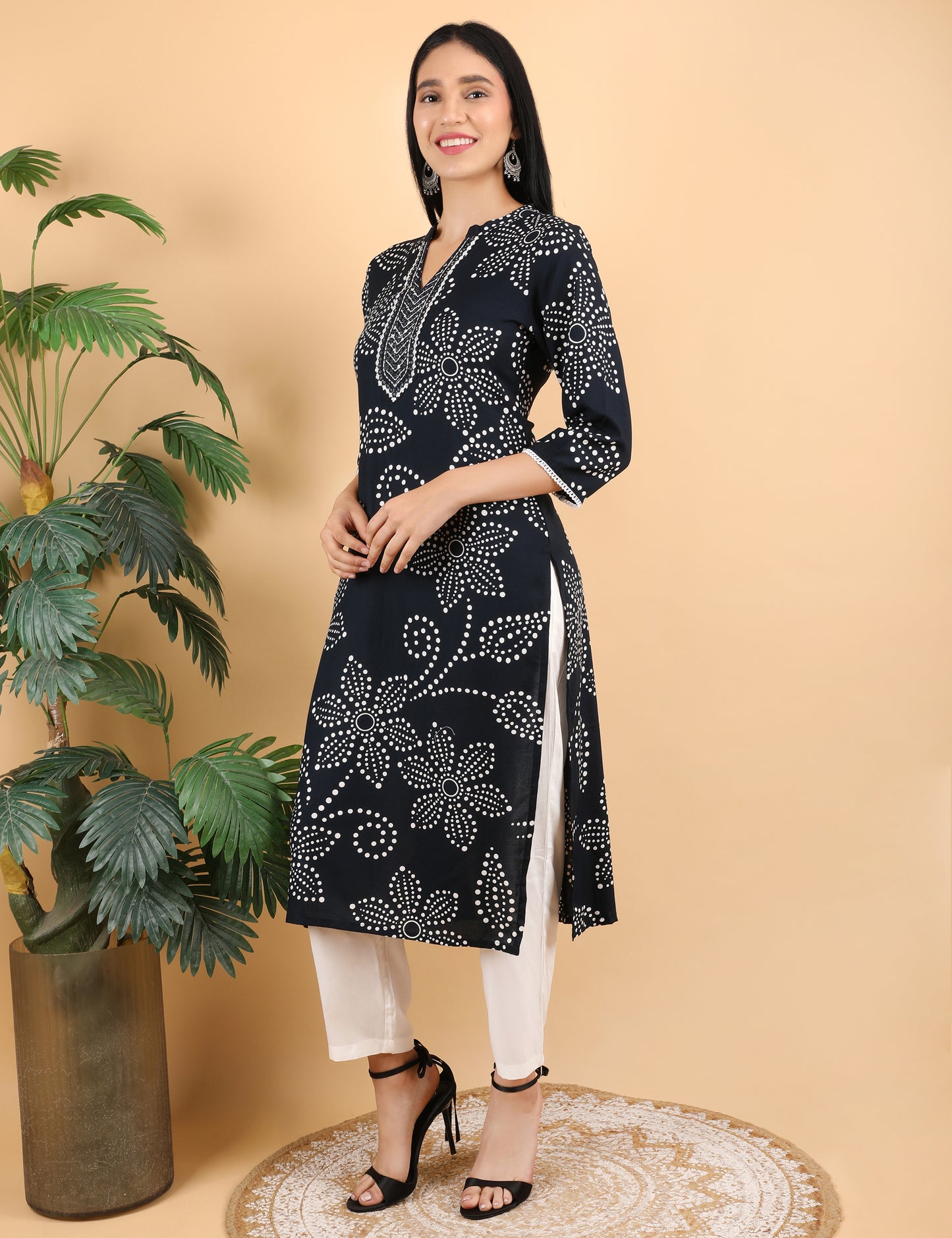 BLACK DOT PRINT REYON KURTI WITH MIRROR WORK