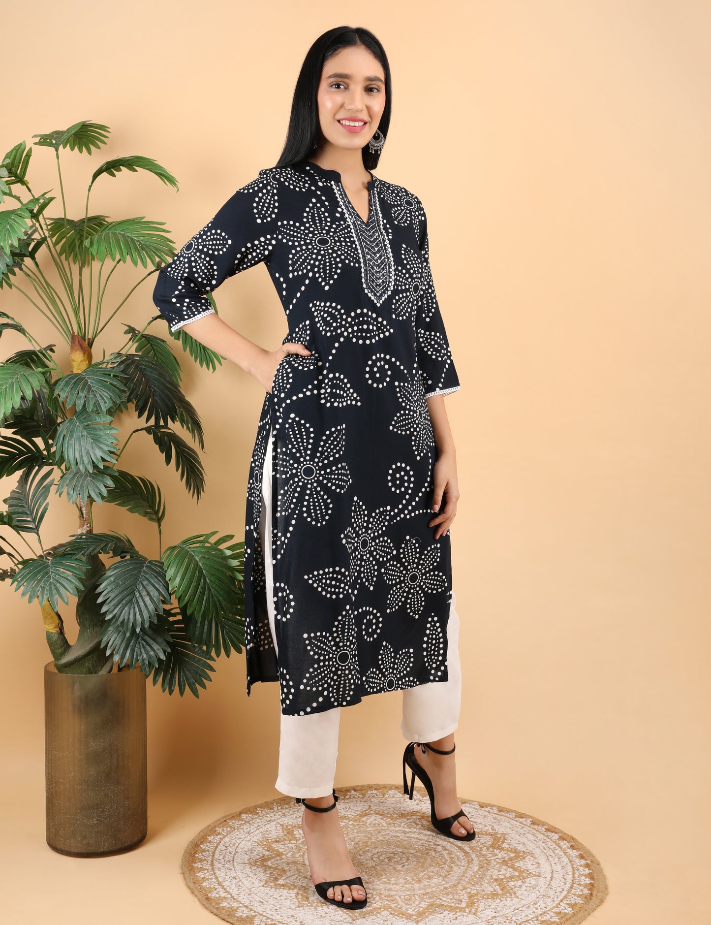 BLACK DOT PRINT REYON KURTI WITH MIRROR WORK