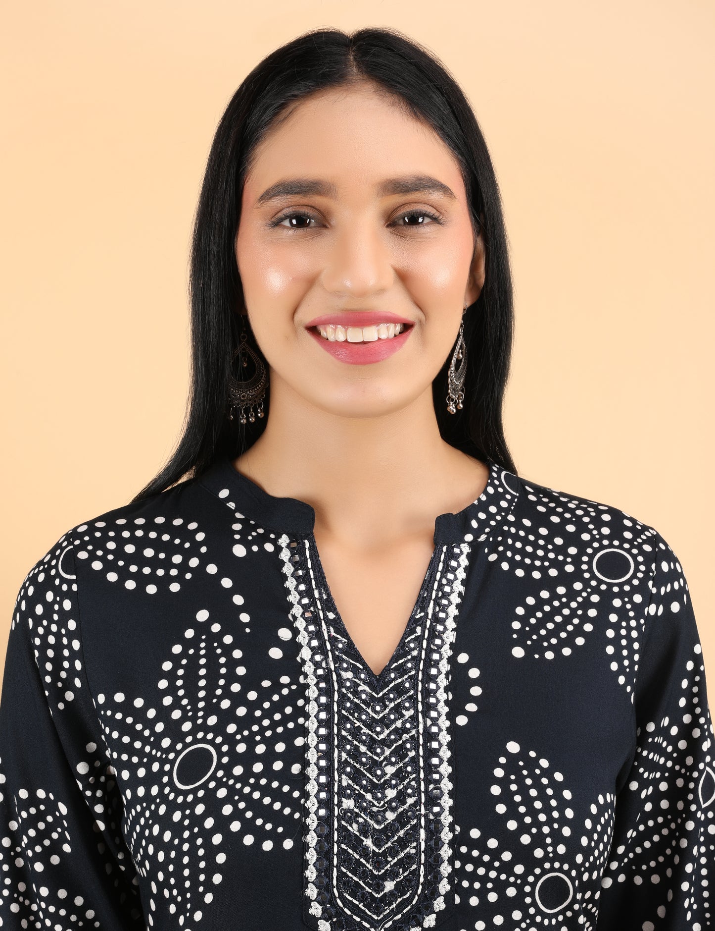 BLACK DOT PRINT REYON KURTI WITH MIRROR WORK