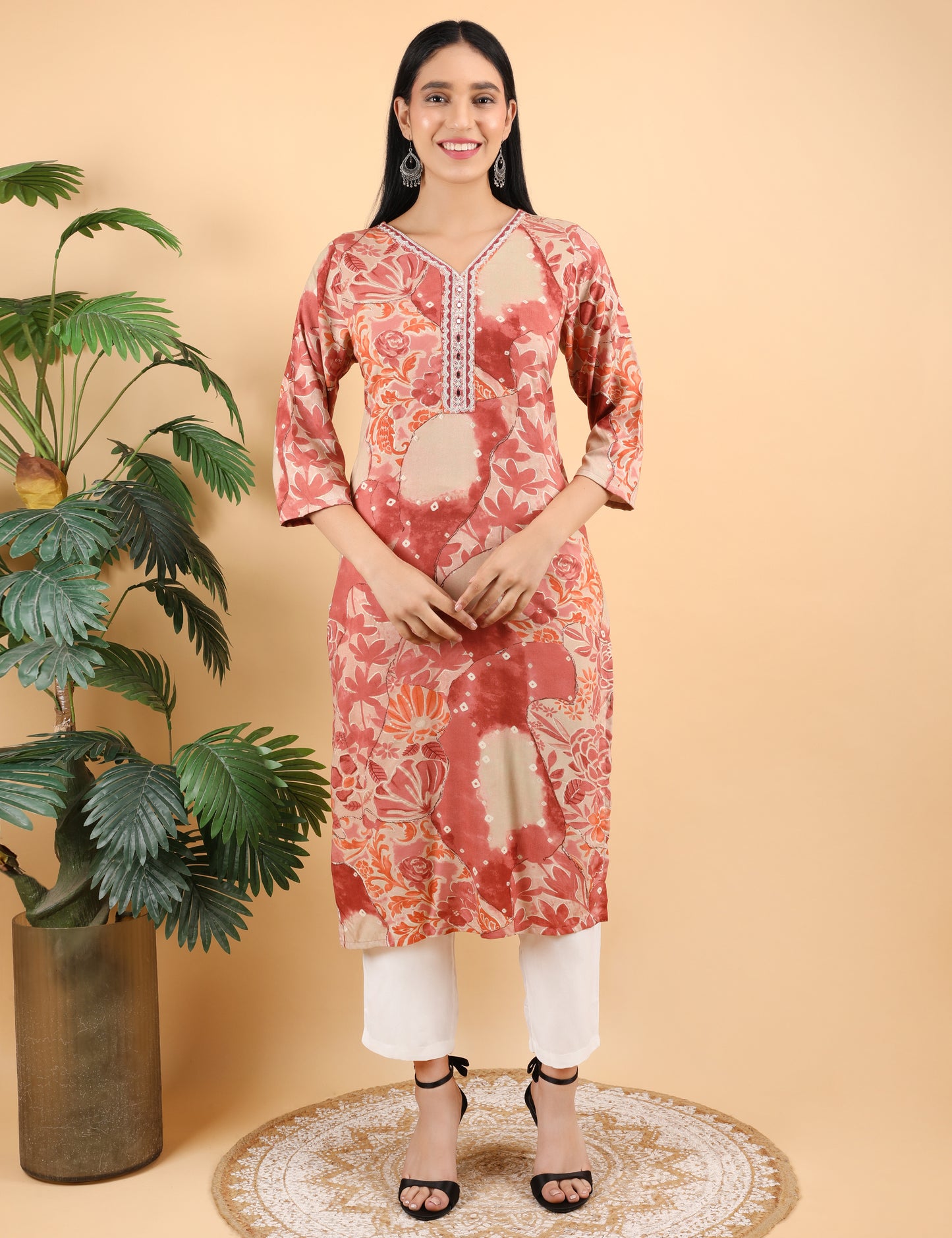 RUST COTTON PRINT KURTI WITH MIRROR WORK