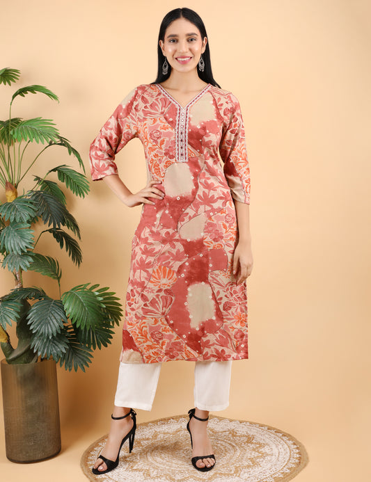 RUST COTTON PRINT KURTI WITH MIRROR WORK