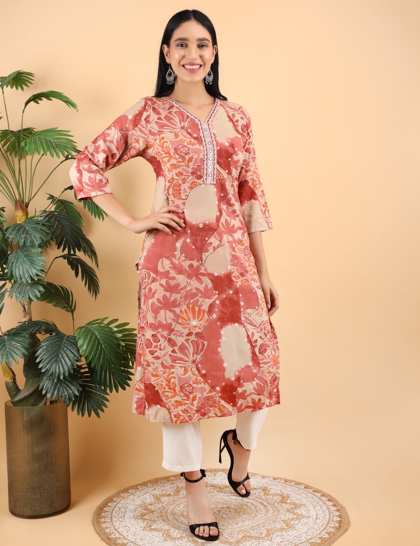 RUST COTTON PRINT KURTI WITH MIRROR WORK