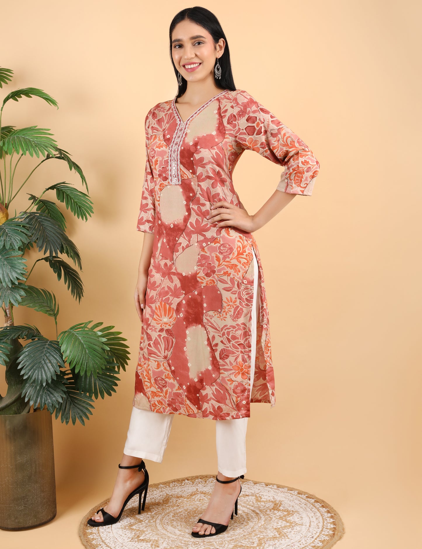 RUST COTTON PRINT KURTI WITH MIRROR WORK