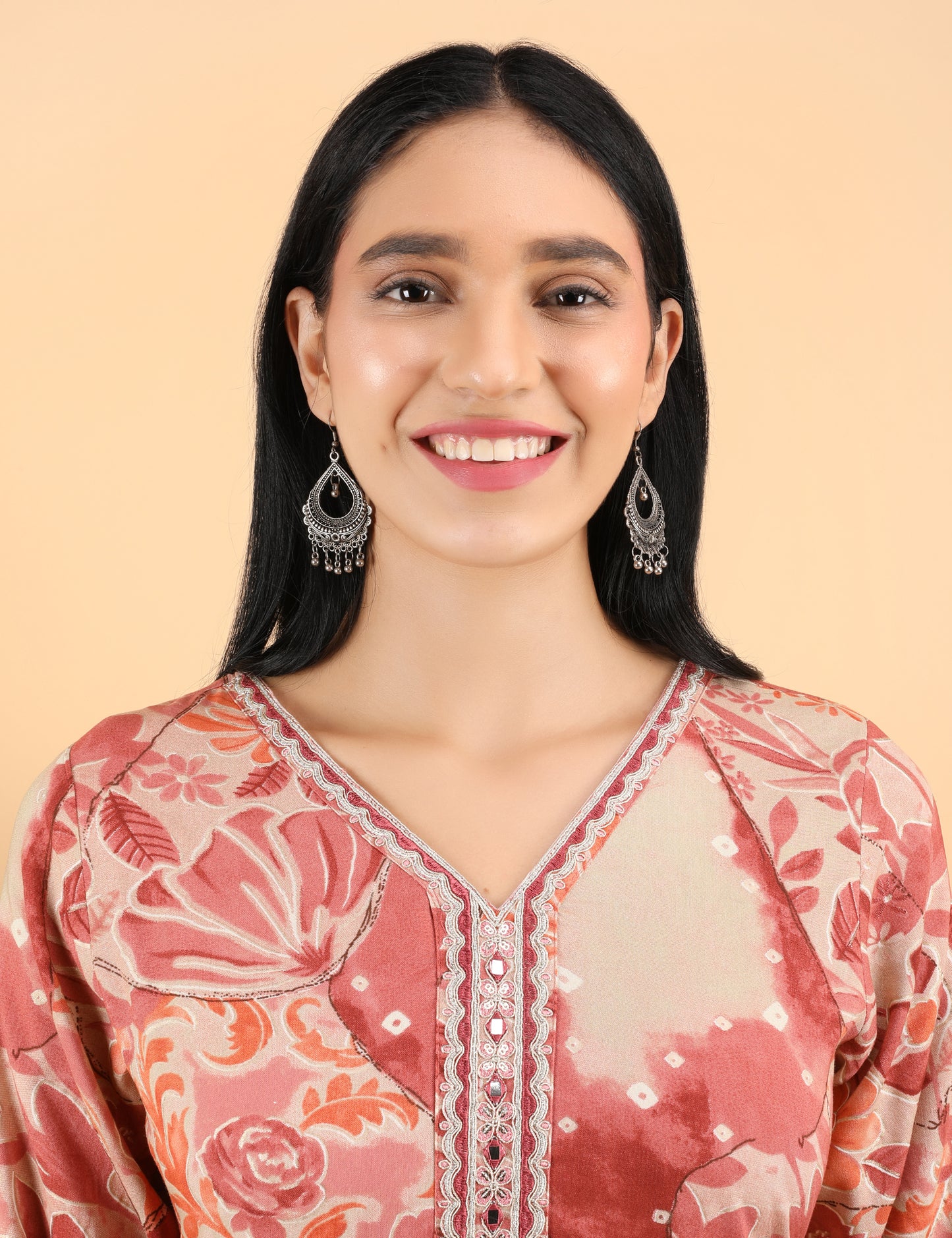 RUST COTTON PRINT KURTI WITH MIRROR WORK