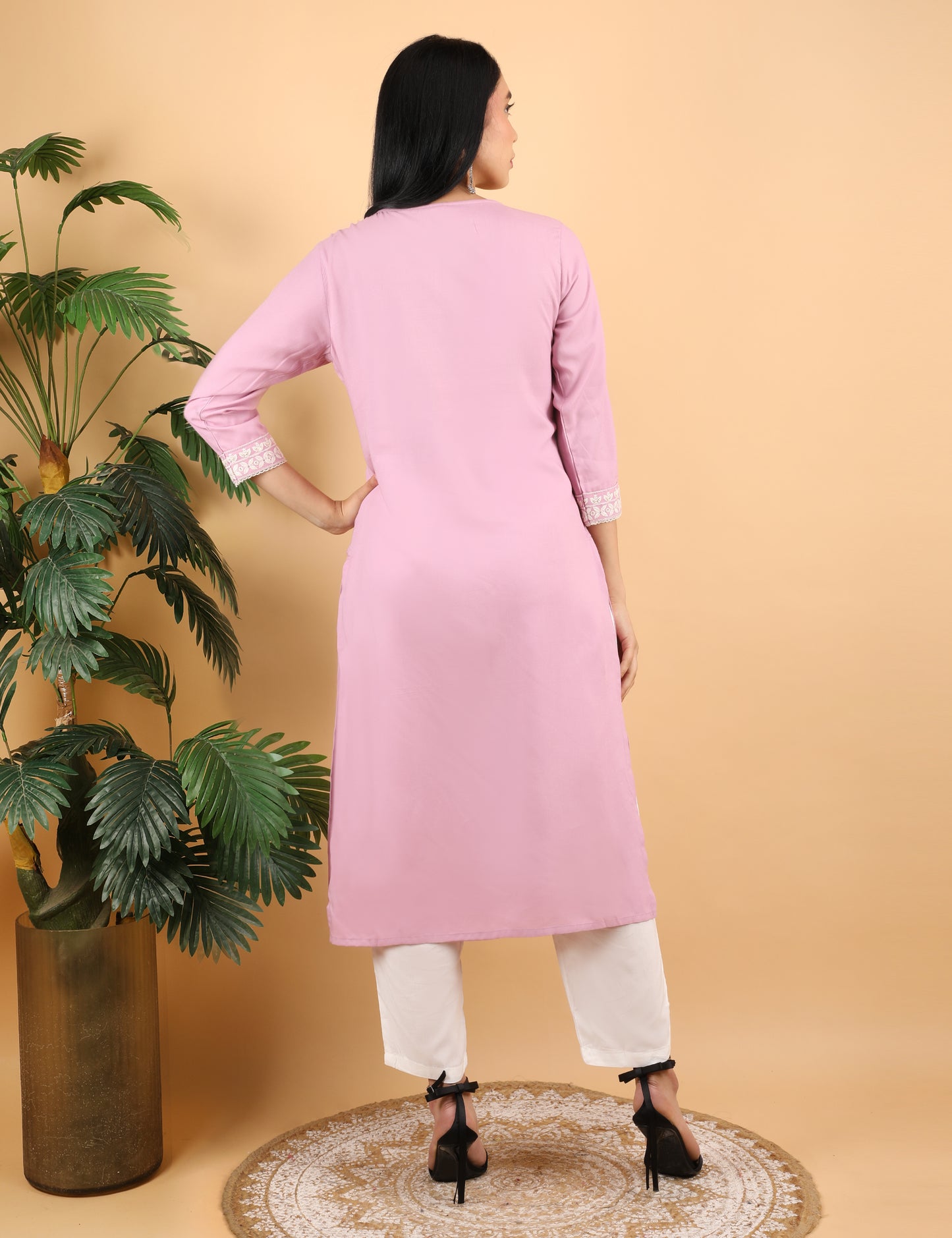 PINK REYON CHIKIN WORK KURTA
