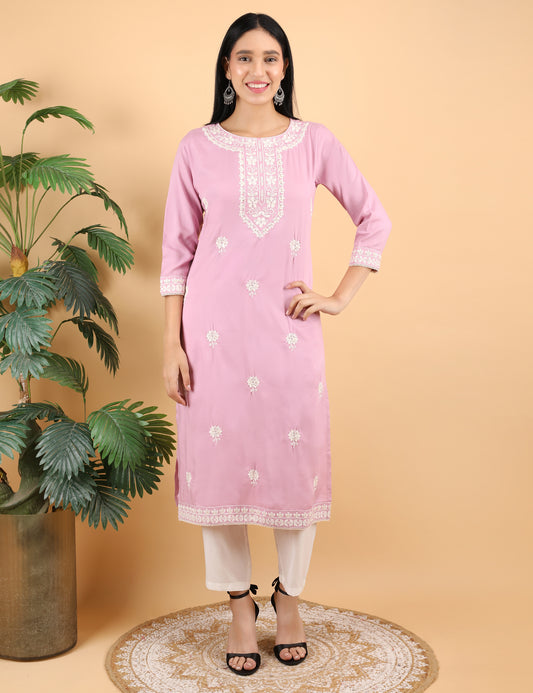 PINK REYON CHIKIN WORK KURTA