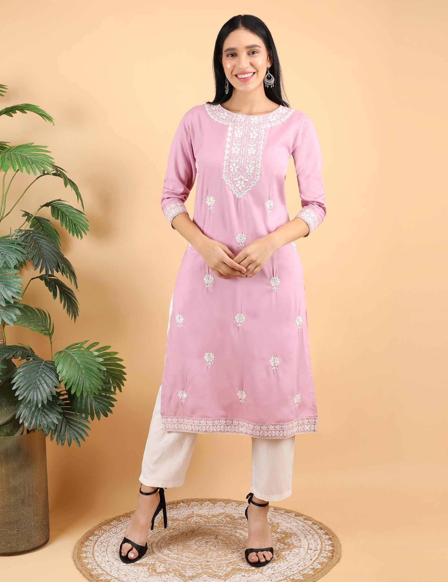PINK REYON CHIKIN WORK KURTA