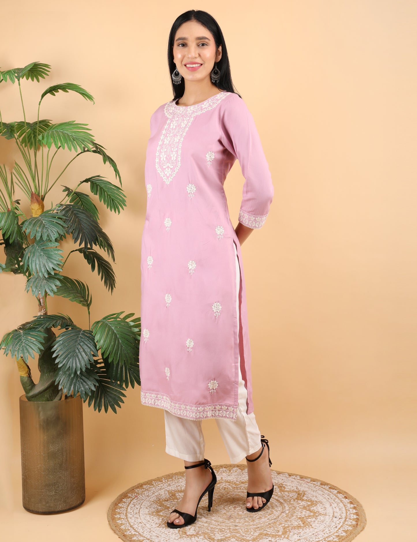 PINK REYON CHIKIN WORK KURTA