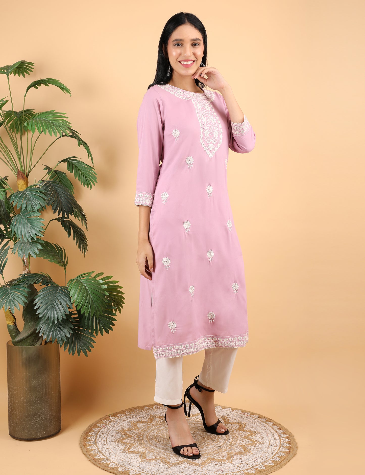 PINK REYON CHIKIN WORK KURTA