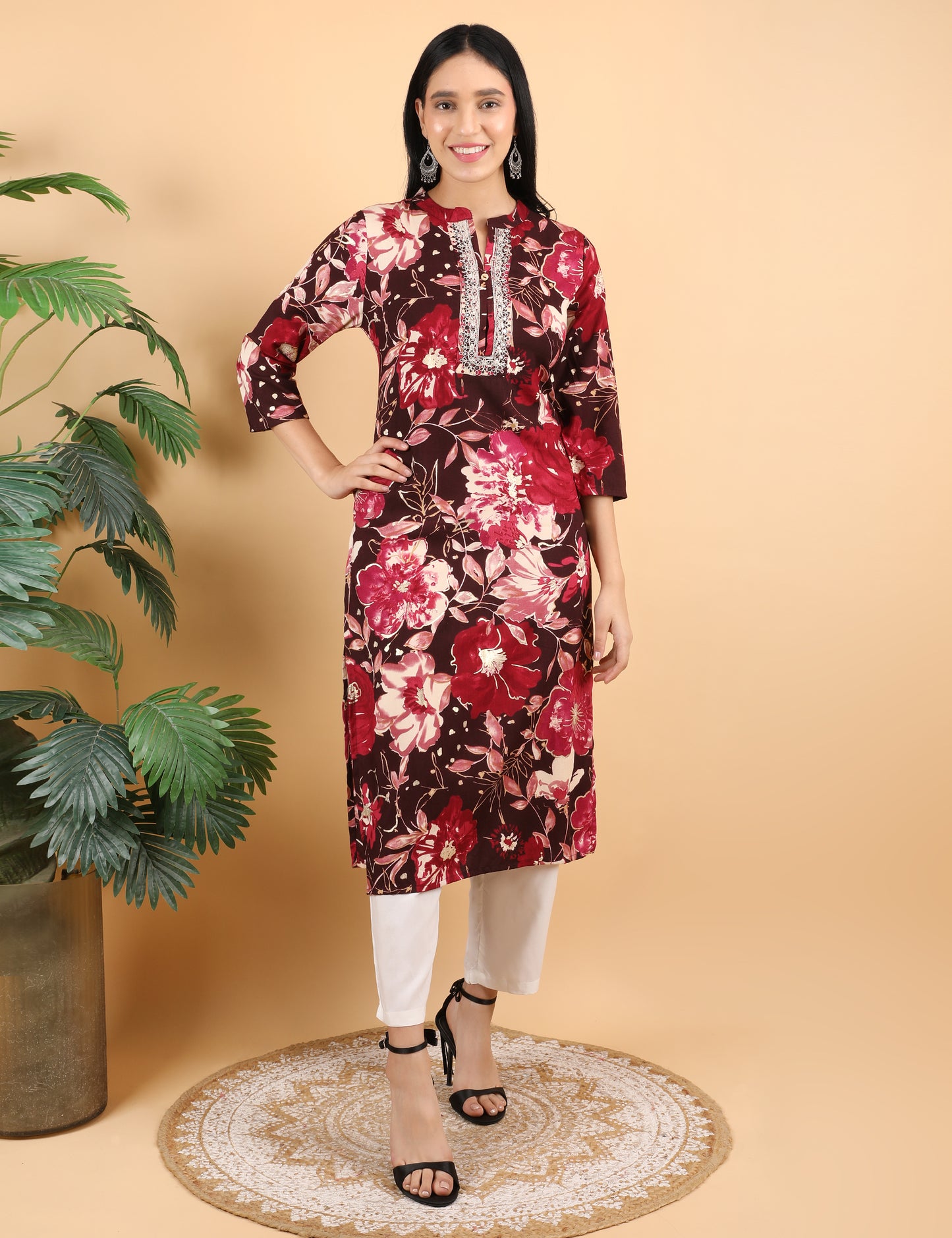 MAROON COTTON PRINT KURTI